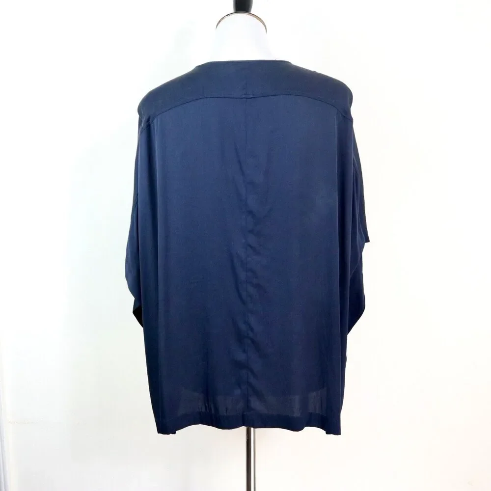 Vince Size S Stretch Silk Satin Boxy Blouse Gold Zipper Neck Navy Blue